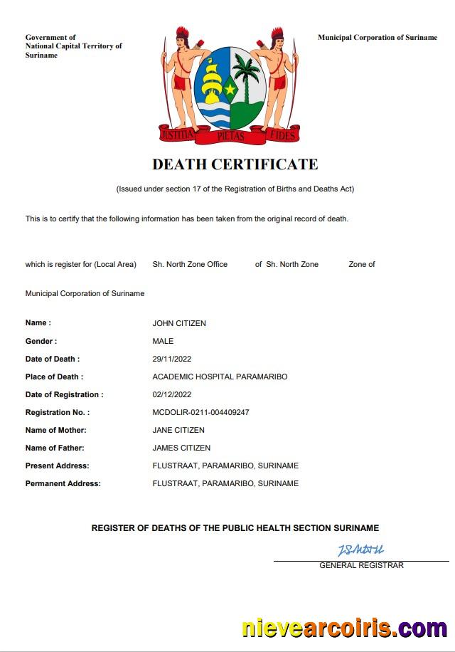 Suriname death certificate
